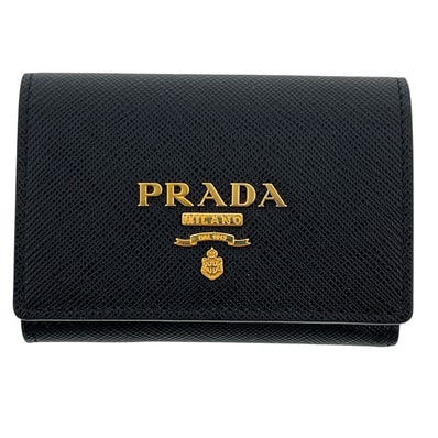 PRADA プラダ サフィアーノ 三つ折り財布 1MH043 レザー ブラック ゴールド レディース【中古】