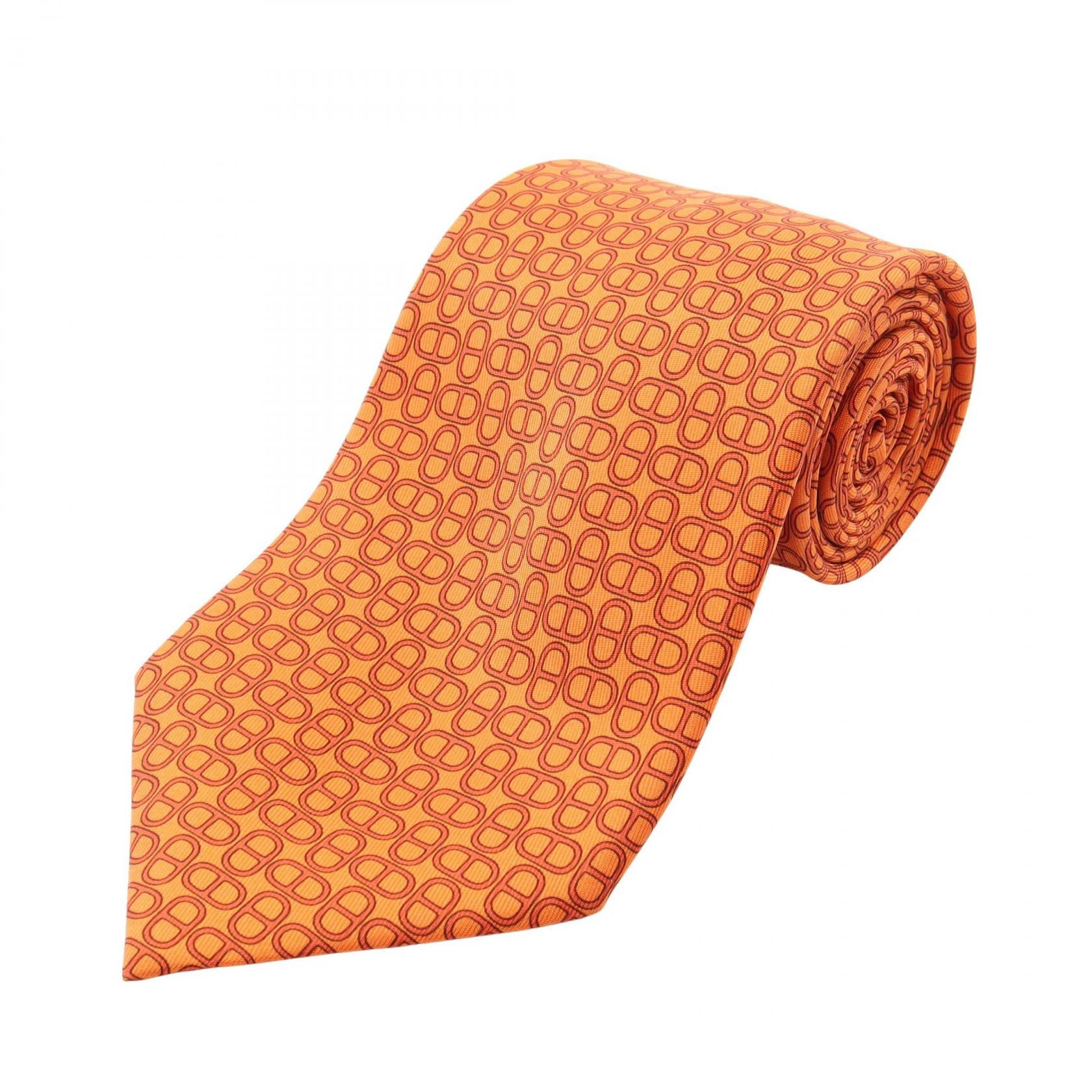 エルメス HERMES シェーヌダンクル 総柄 ネクタイ 衣料品 シルク シルク オレンジ メンズ オレンジ系 / レッド系 【中古】