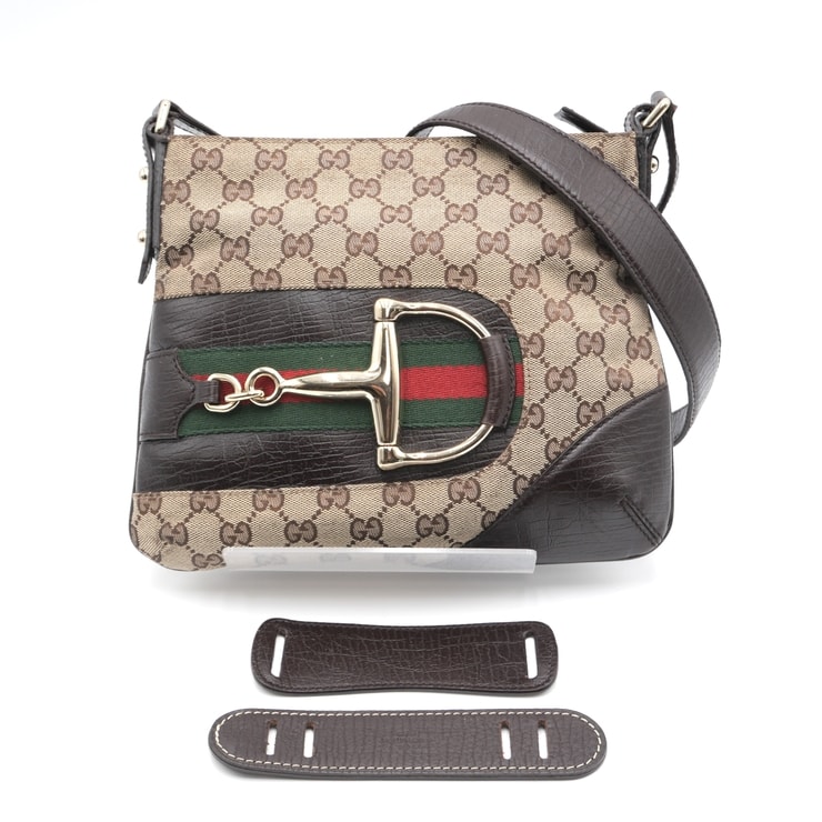 GUCCI(グッチ)GGキャンバス ホースビット シェリーライン ヴィンテージ ショルダーバッグ 斜め掛け ベージュ ブラウン レザー ゴールド金具 レディース 141506【中古】