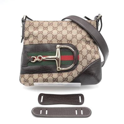 GUCCI(グッチ)GGキャンバス ホースビット シェリーライン ヴィンテージ ショルダーバッグ 斜め掛け ベージュ ブラウン レザー ゴールド金具 レディース 141506【中古】
