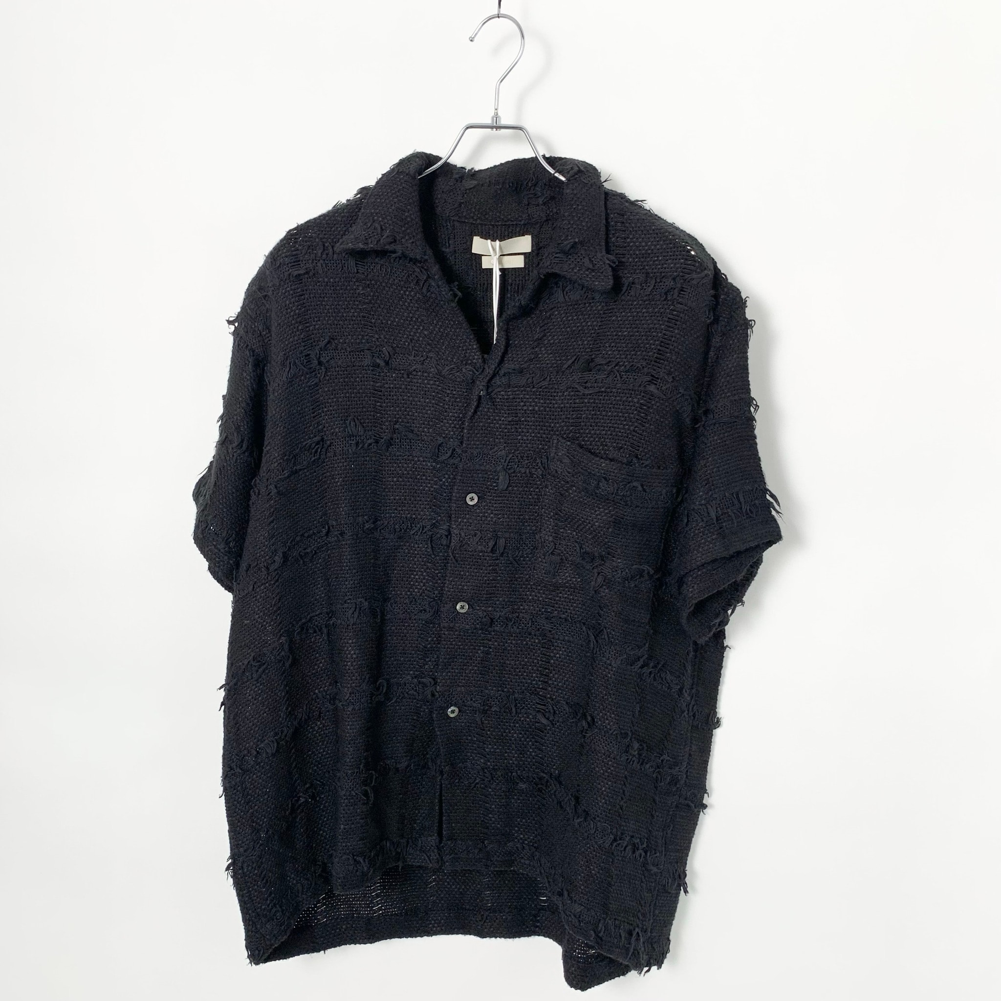 YOKE Fringe Check Tweed Open Collar Shirt "Black"