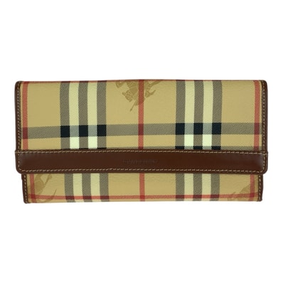 美品 BURBERRY バーバリー チェック柄 ベージュ ブラウン ゴールド金具 PVC レザー/ 長財布 ロングウォレット 1-0295116 【中古】