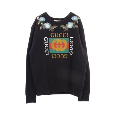 グッチ GUCCI ロゴプリント フラワー刺繍 スタッズ ダメージ加工 スウェット 衣料品 トップス コットン メンズ ブラック系 / マルチカラー 【中古】
