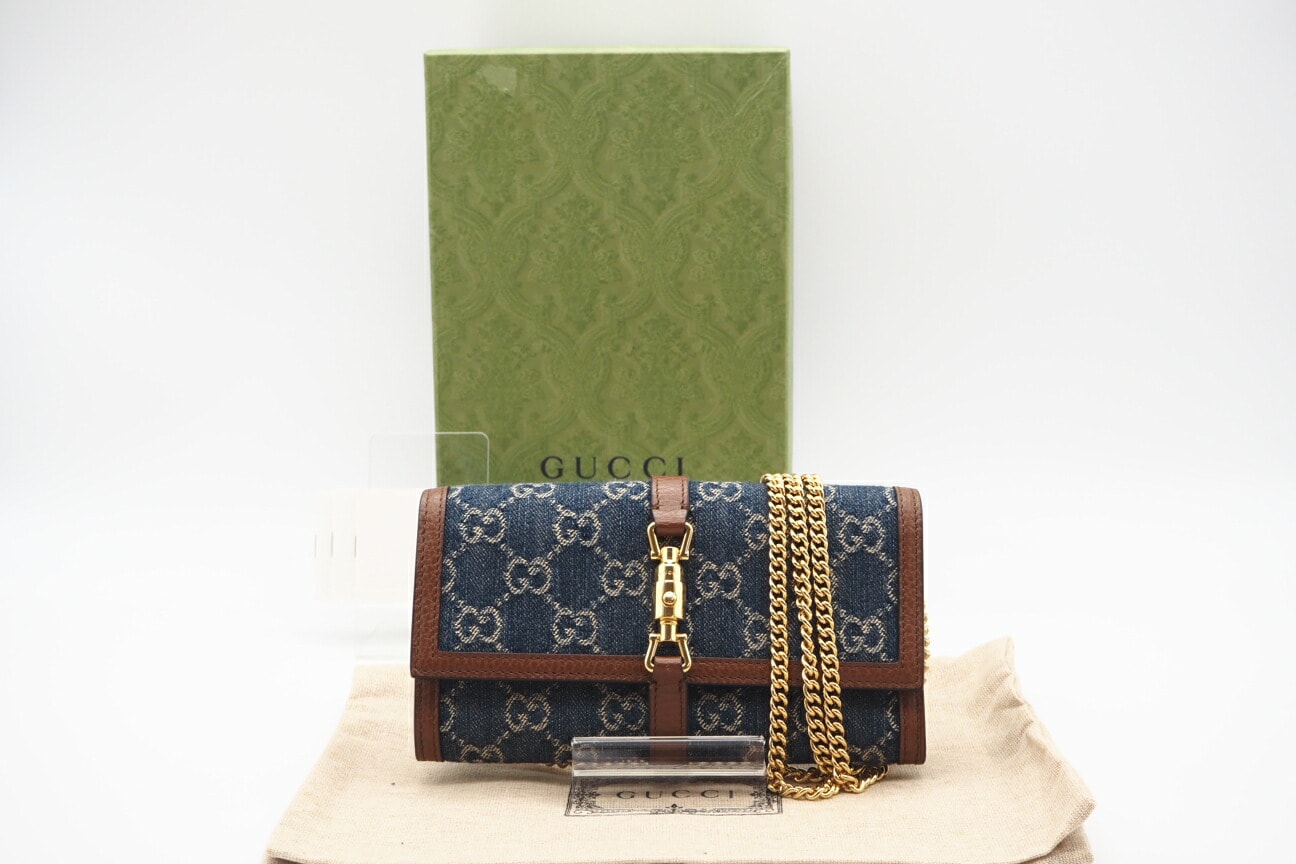 極美品 GUCCI グッチ ジャッキー1961 チェーン付き ウォレット デニム 652681 2wayショルダーバッグ ブルー ブラウン デニム レディース