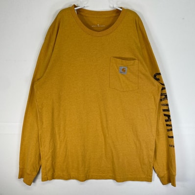 古着 カーハート Carhartt 長袖シャツ ワーク 肉厚 ワンポイント ロゴ M イエロー系 袖プリント メンズ