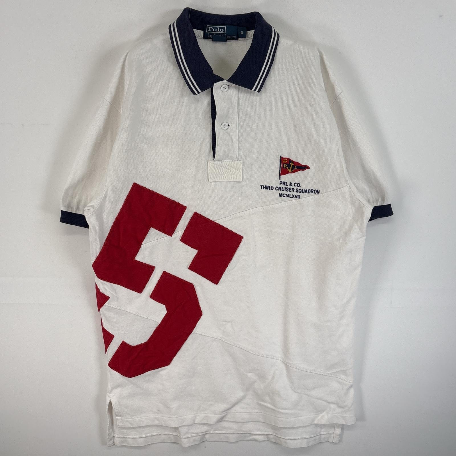 古着 90's/90年代 ポロバイラルフローレン Polo by Ralph Lauren 鹿の子 半袖 ラガーシャツ ロゴ 刺繍 ワッペン ラバーボタン S  ホワイト系 ツートン メンズ