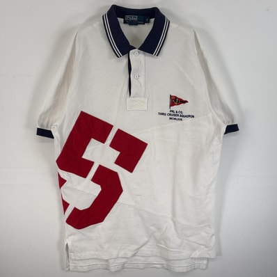 古着 90's/90年代 ポロバイラルフローレン Polo by Ralph Lauren 鹿の子 半袖 ラガーシャツ ロゴ 刺繍 ワッペン ラバーボタン S ホワイト系 ツートン メンズ