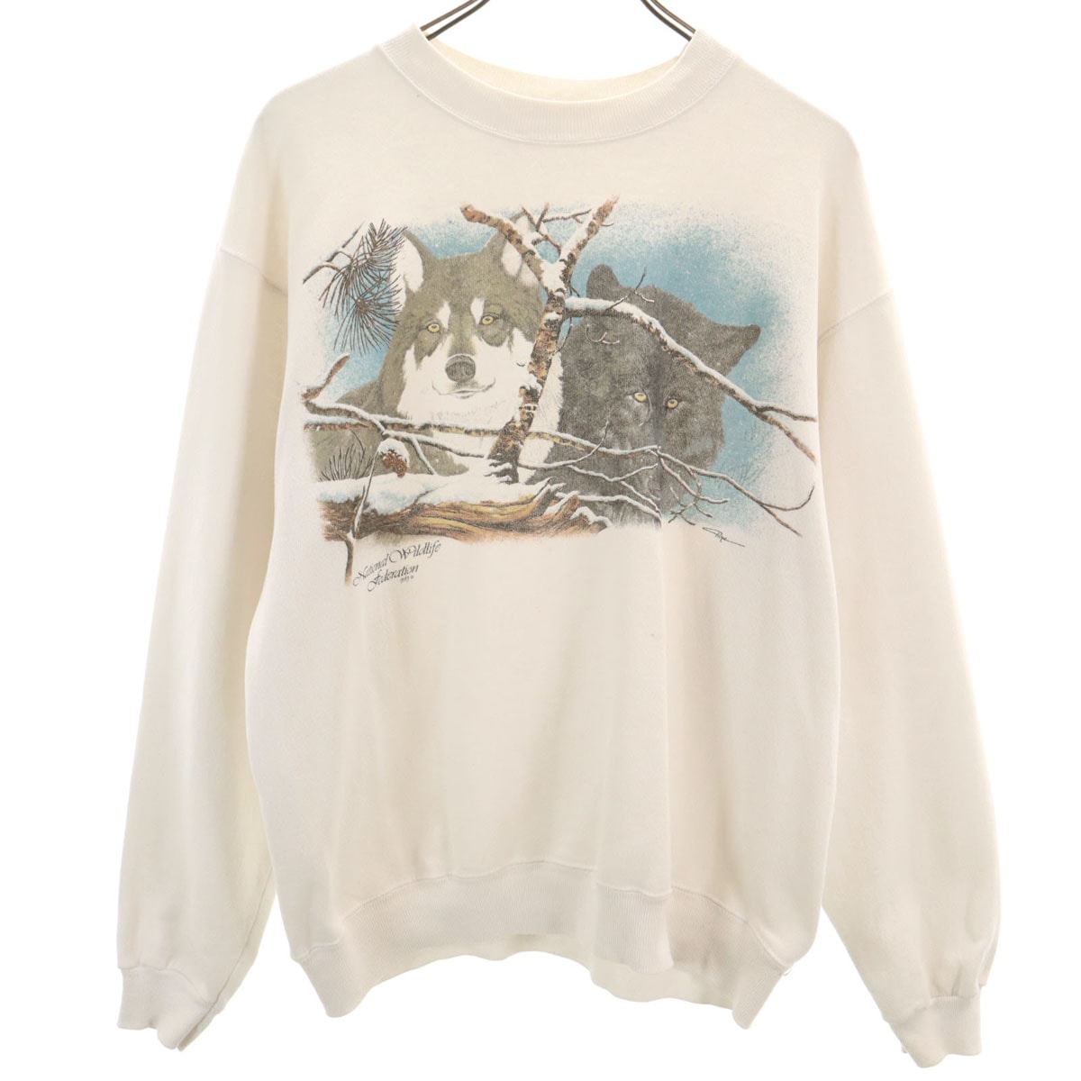 Hanes ヘインズ 80s USA製 オールド ウルフ プリント 長袖 トレーナー L ホワイト スウェット