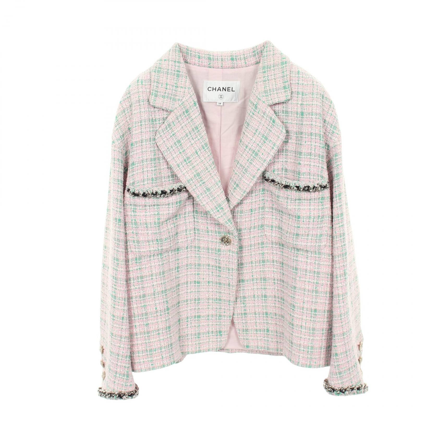 シャネル CHANEL ココマークボタン チェック ツイード 1B 衣料品 アウター ポリエステル / コットン レディース ピンク系 / グリーン系 P70531V61850 【中古】
