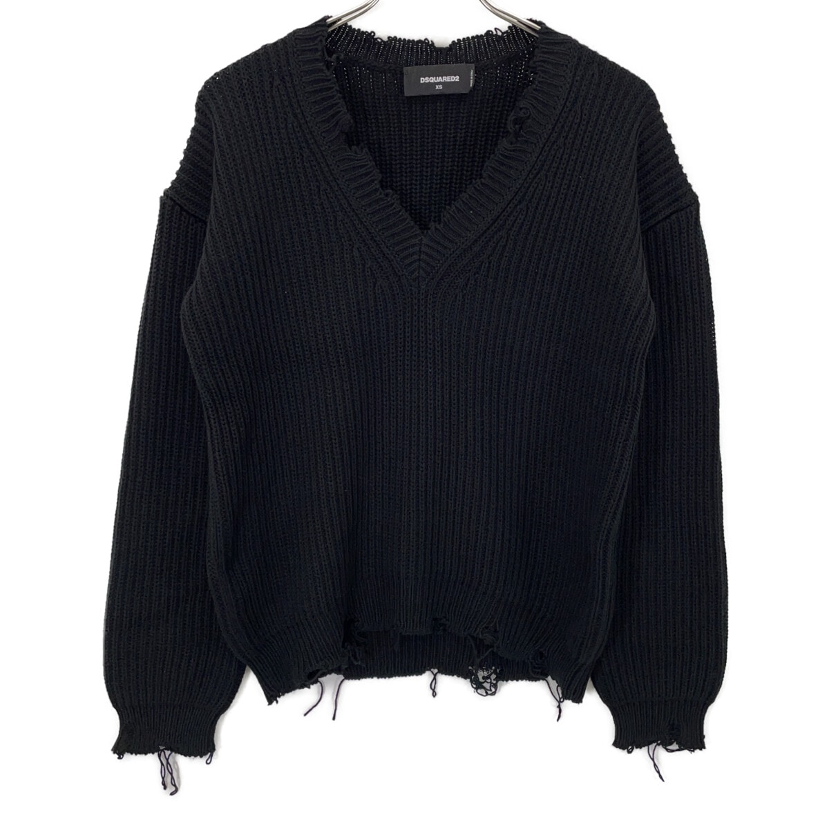 ディースクエアード S75HA0932 20年 ブラック バッグロゴ クラッシュ加工Vネックニット XS