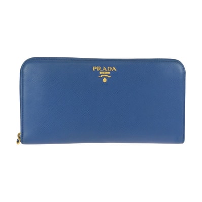 美品 PRADA プラダ サフィアーノ ラウンドファスナー ブルー ゴールド金具 レザー 長財布 ロングウォレット 602459 【中古】