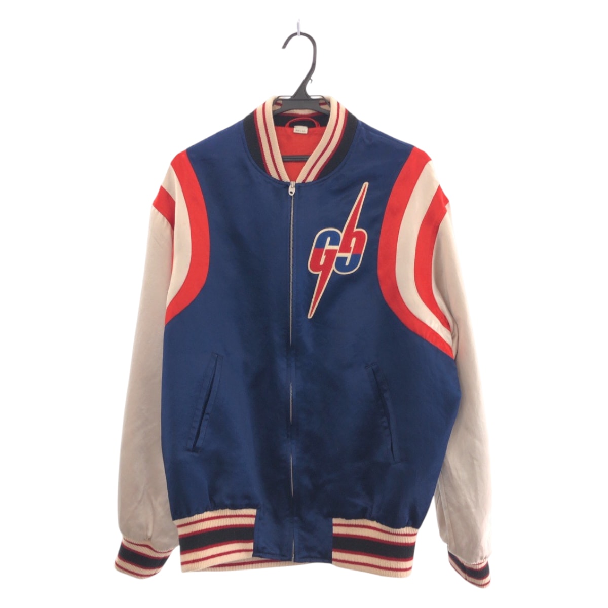 美品 GUCCI グッチ GG サイズ44 ネイビー ホワイト レッド シルバー金具 アセテート レーヨン/ ポリエステル/ スタジャン ジャンパー 505969 【中古】
