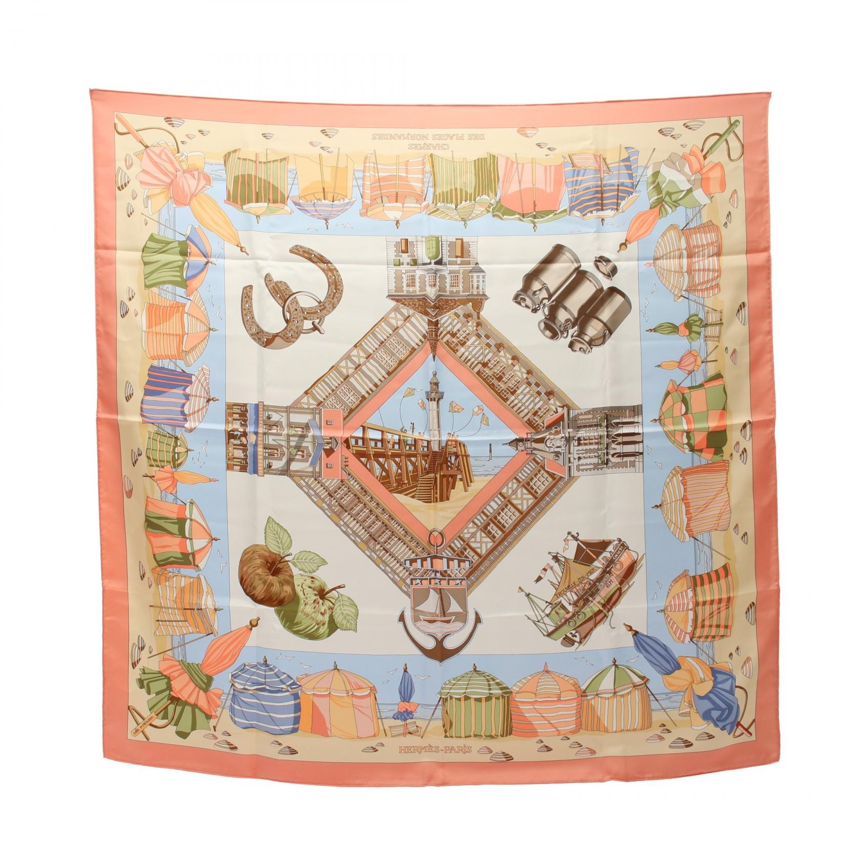エルメス HERMES カレ90 CHARMES DES PLAGES NORMANDES スカーフ 衣料品 シルク シルク レディース ピンク系 / マルチカラー 【中古】