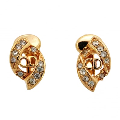 ★SALE【6jcb0505-k】クリスチャンディオール イヤリング CDロゴ GPメッキ ラインストーン ゴールド【中古】レディース