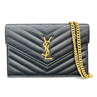 SAINT LAURENT 極美品 サンローラン カサンドラ エンベロープ チェーンウォレット ショルダーバッグ モノグラム 393953 レザー チェーンウォレット イヴ YSL Aランク 中古 鑑定済 サンローラン財布