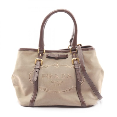プラダ PRADA LOGO JACQUARD ロゴジャガード 2WAY トートバッグ バッグ キャンバス レザー レディース ベージュ系 / ブラウン系 【中古】