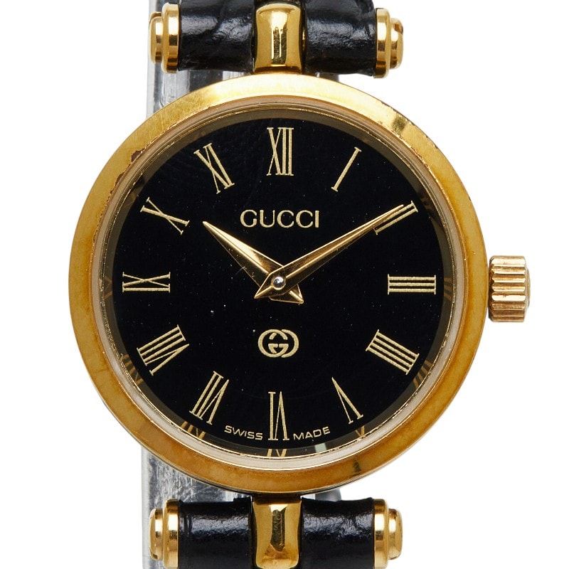 グッチ 腕時計 クオーツ ブラック文字盤 メッキ レザー レディース GUCCI 【中古】