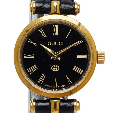 グッチ 腕時計 クオーツ ブラック文字盤 メッキ レザー レディース GUCCI 【中古】