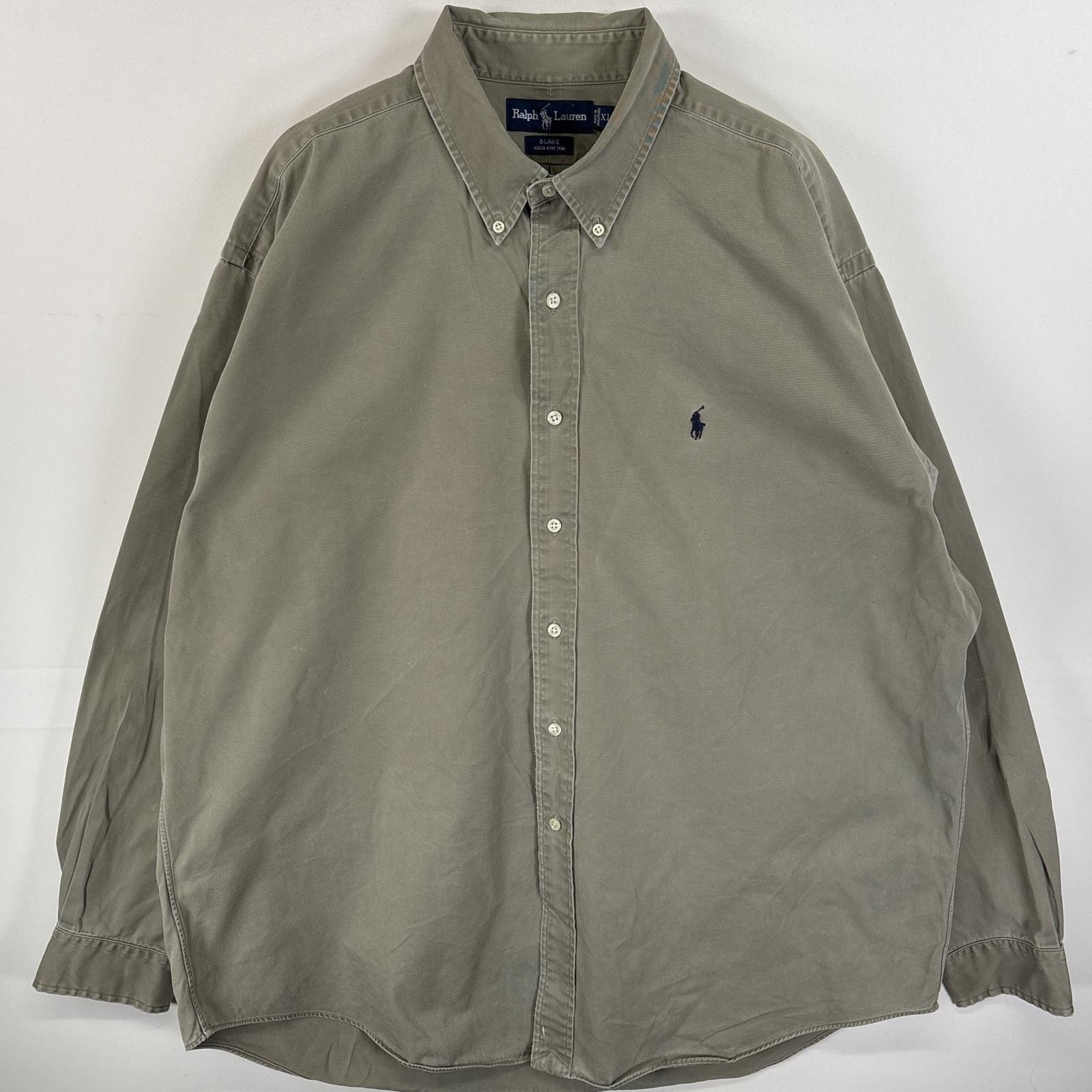 古着 90's/90年代 ラルフローレン RALPH LAUREN 長袖シャツ ボタンダウンシャツ ワンポイント ロゴ 刺繍 肉厚 XL  ベージュ系 無地 メンズ