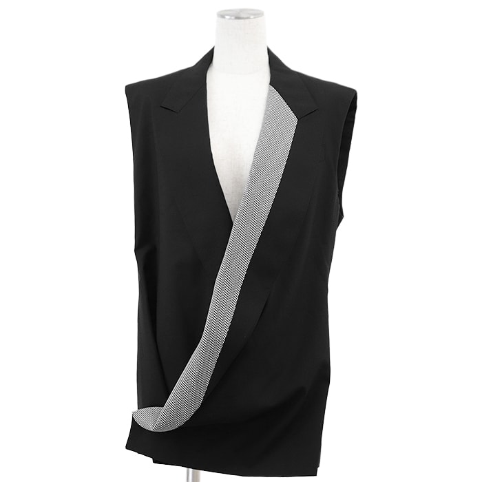 【美品】LOUIS VUITTON ルイ・ヴィトン テーラードノースリーブジャケット 2022AW 千鳥格子切替 シグネチャー ロゴ LV刻印 メタルボタン ウール/シルク/ビスコース ジレ オーバーサイズ ベスト レディース サイズ 36 ブラック 黒 伊製