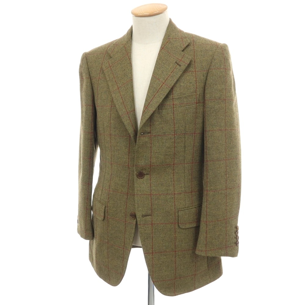 【中古】ビームスエフ BEAMS F ウール ヘリンボーン織り チェック 3B テーラードジャケット モスグリーンxレッド【サイズ44】【メンズ】