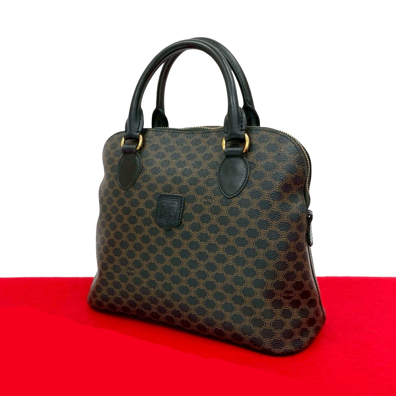 CELINE セリーヌ マカダム ブラゾン 柄 トリオンフ ロゴ レザー ハンドバッグ ブラック
 018-4