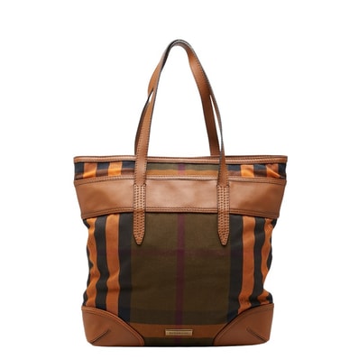 バーバリー チェック トートバッグ ブラウン マルチカラー キャンバス レザー レディース BURBERRY 【中古】