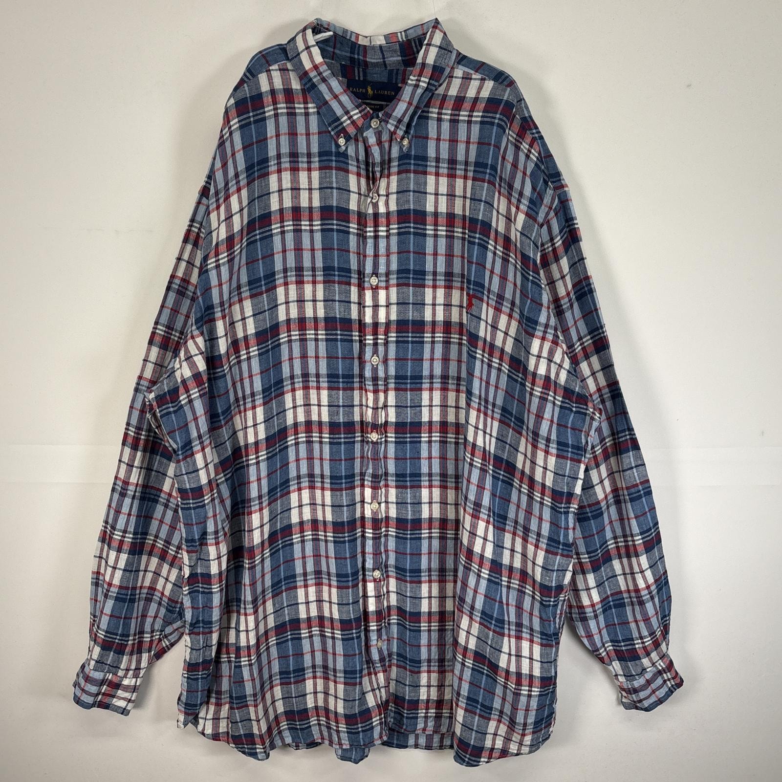 古着 ラルフローレン RALPH LAUREN 長袖シャツ ロゴ 刺繍 チェック柄 リネン 3XLT  ブルー系 マルチカラー メンズ