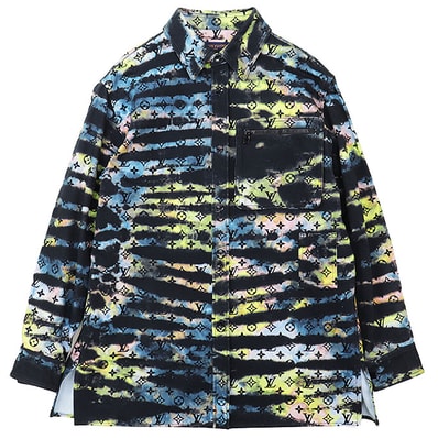 【未使用】LOUIS VUITTON ルイ・ヴィトン デニムジャケット メンズ サイズ XL 2021AW タイダイ LV モノグラム コットンツイル ユーティリティポケット シャツジャケット ロングスリーブ 長袖 アウター タグ付属 マルチカラー 黒