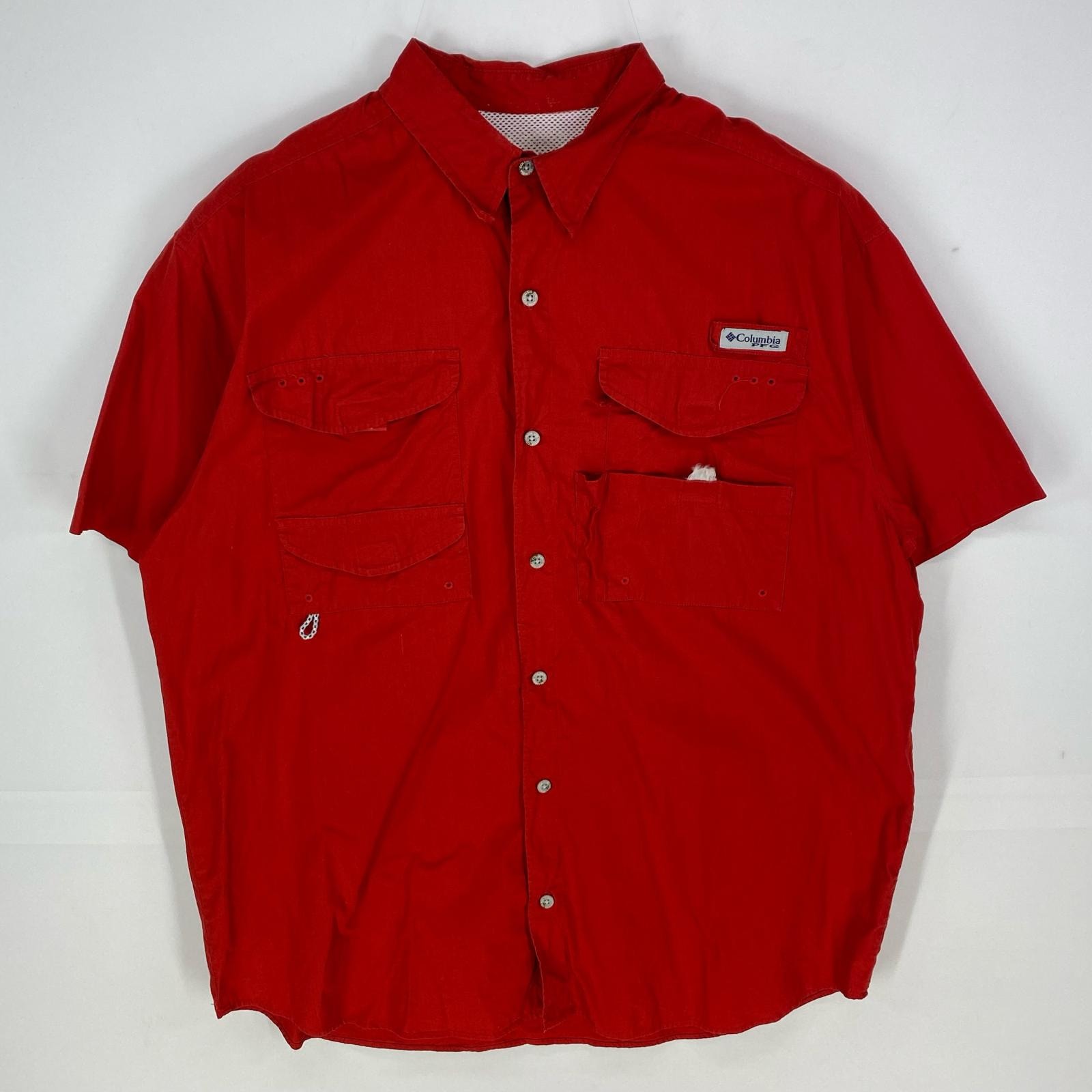 古着 コロンビア Columbia 半袖シャツ PFG ワンポイントロゴ フィッシングシャツ 胸ポケット レッド系 メンズ