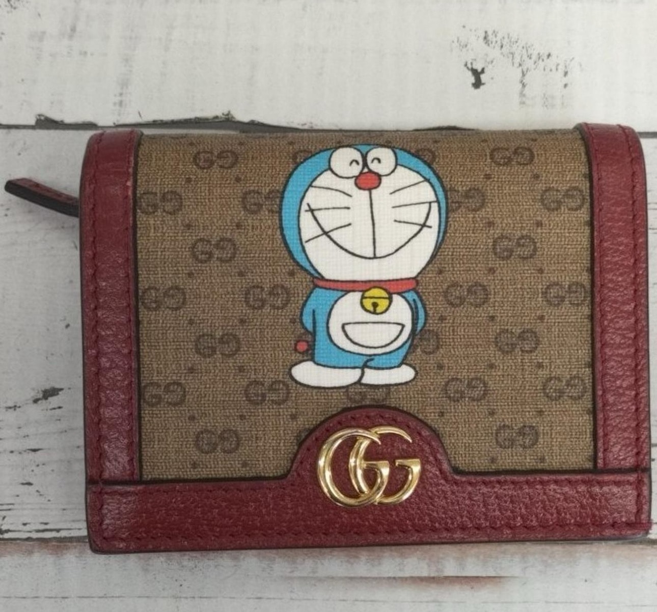 GUCCI x Doraemon GG Supreme Canvas Mini Wallet "Beige/Ebony/Cherry Red"
