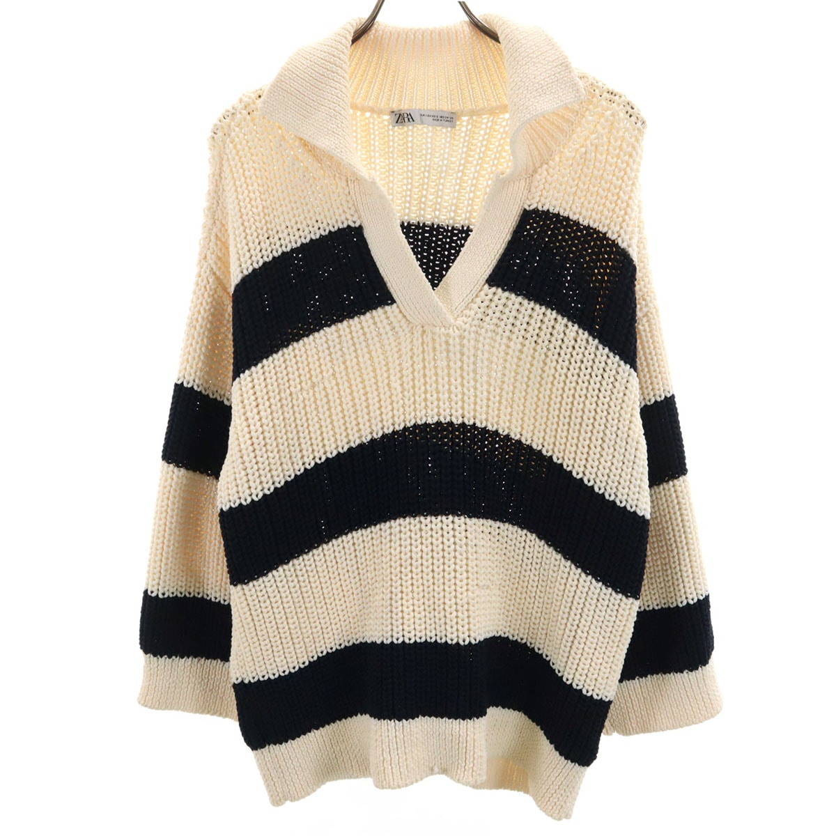 ZARA ザラ ボーダー柄 長袖 スキッパーカラー ニット XS-S アイボリー セーター