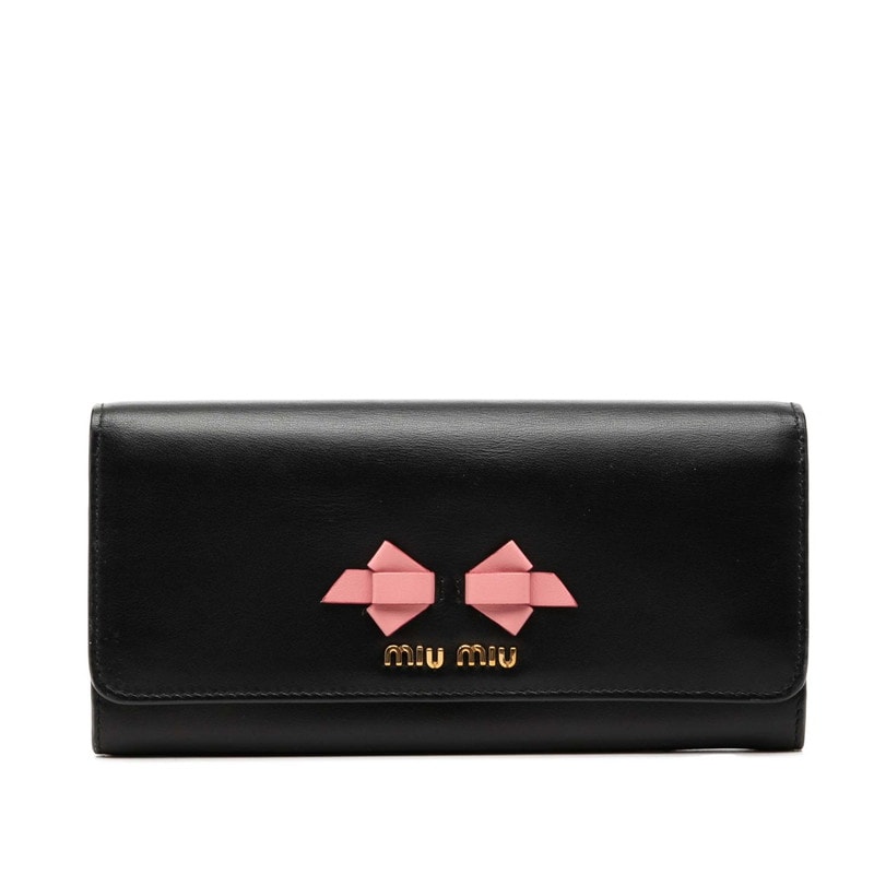 ミュウミュウ リボン 二つ折り 長財布 ブラック ピンク レザー レディース MIUMIU 【中古】