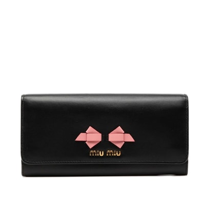 ミュウミュウ リボン 二つ折り 長財布 ブラック ピンク レザー レディース MIUMIU 【中古】