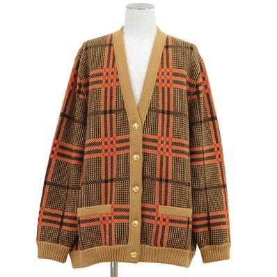 【未使用】GUCCI グッチ ロングニットカーディガン サイズ 4XL メンズ リバーシブル GGスプリーム × ハウンドトゥース 千鳥格子 トップス タグ付属 キャメル イタリア製