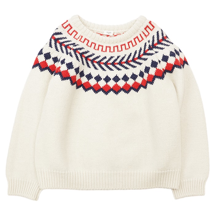 【新品同様】CELINE セリーヌ ニットセーター メンズ サイズ XL ローゲージ フェアアイル ドロップショルダー ロングスリーブ 長袖 オーバーサイズ ウール100% トップス アイボリー レッド ブルー 白 赤 青 イングランド製