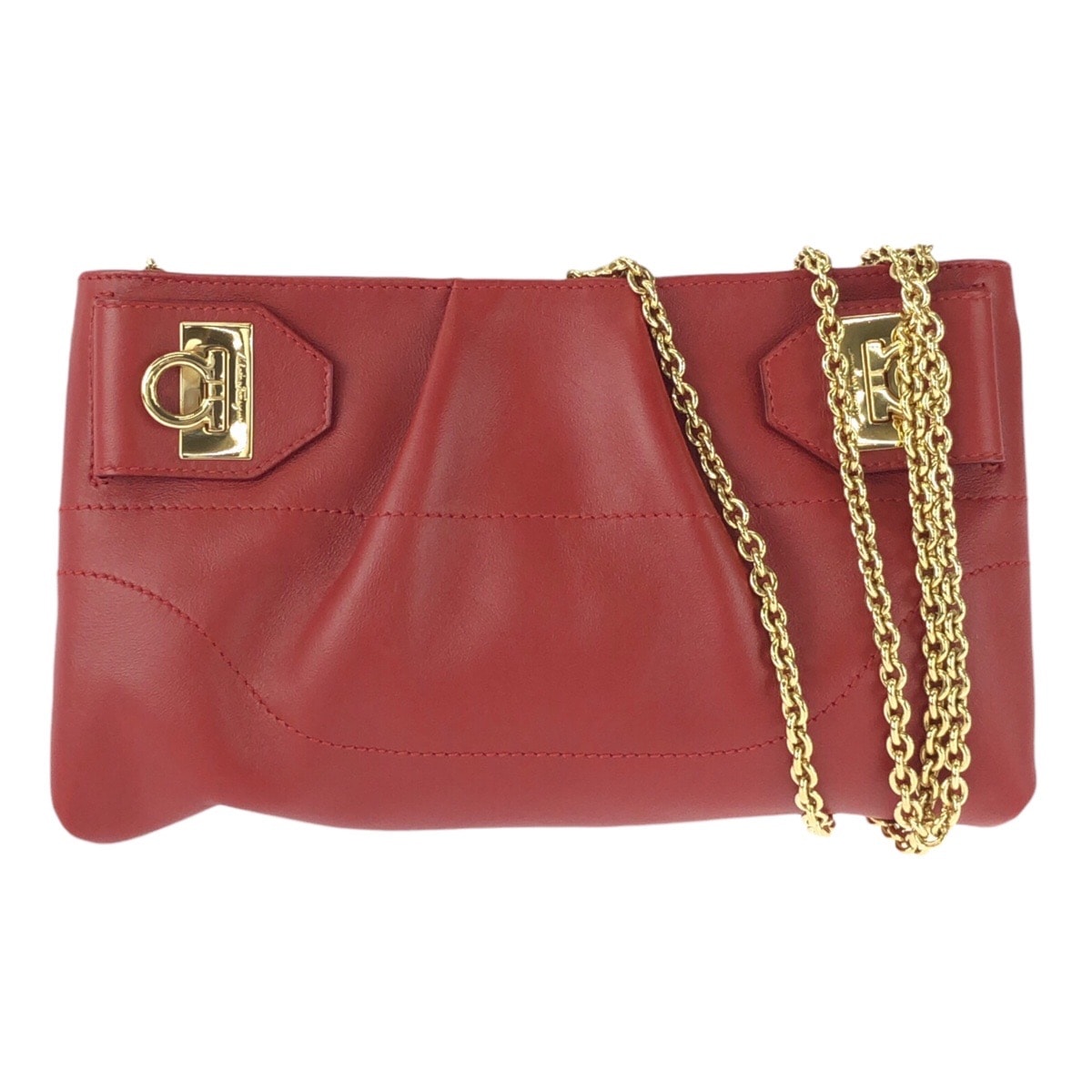 美品 Salvatore Ferragamo サルヴァトーレフェラガモ ガンチーニ 2way レッド ゴールド金具 レザー チェーンショルダーバッグ クラッチバッグ 603787 【中古】
