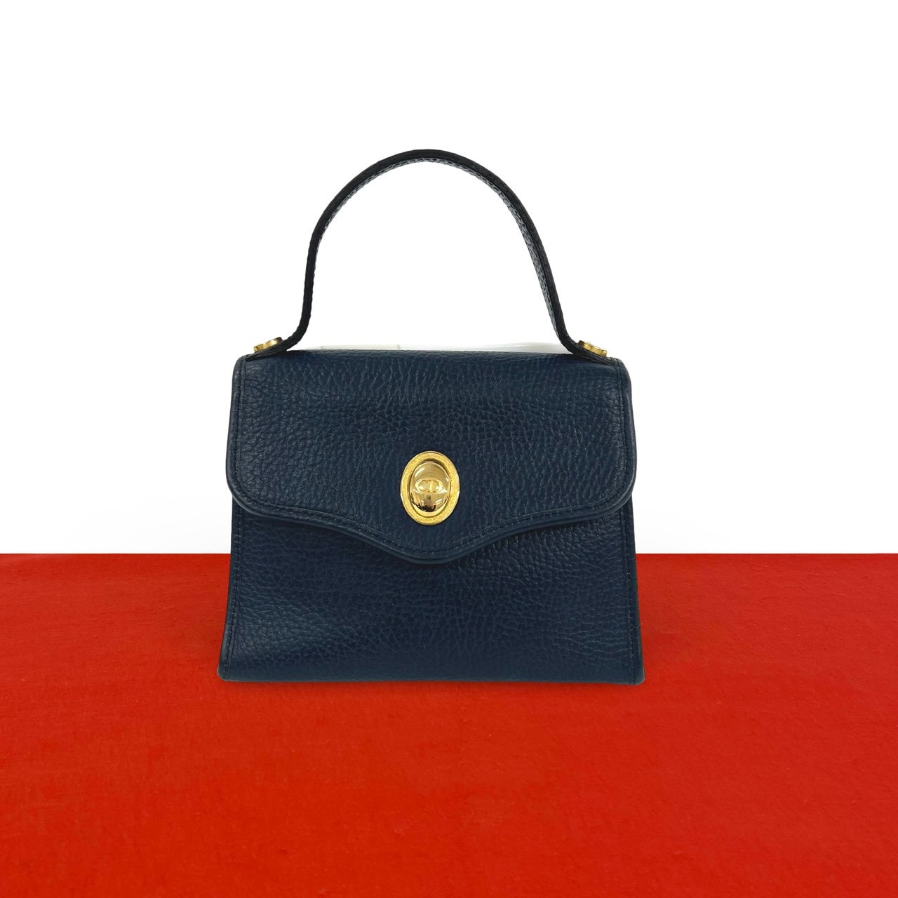 Christian Dior ディオール CD ロゴ 金具 レザー ハンドバッグ ネイビー
 36345