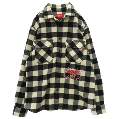 Supreme シュプリーム 19AW 1-800 Buffalo Plaid Shirt ロゴ刺繍 バッファローチェック ウール 長袖シャツ ブラック系 ホワイト系 M【中古】