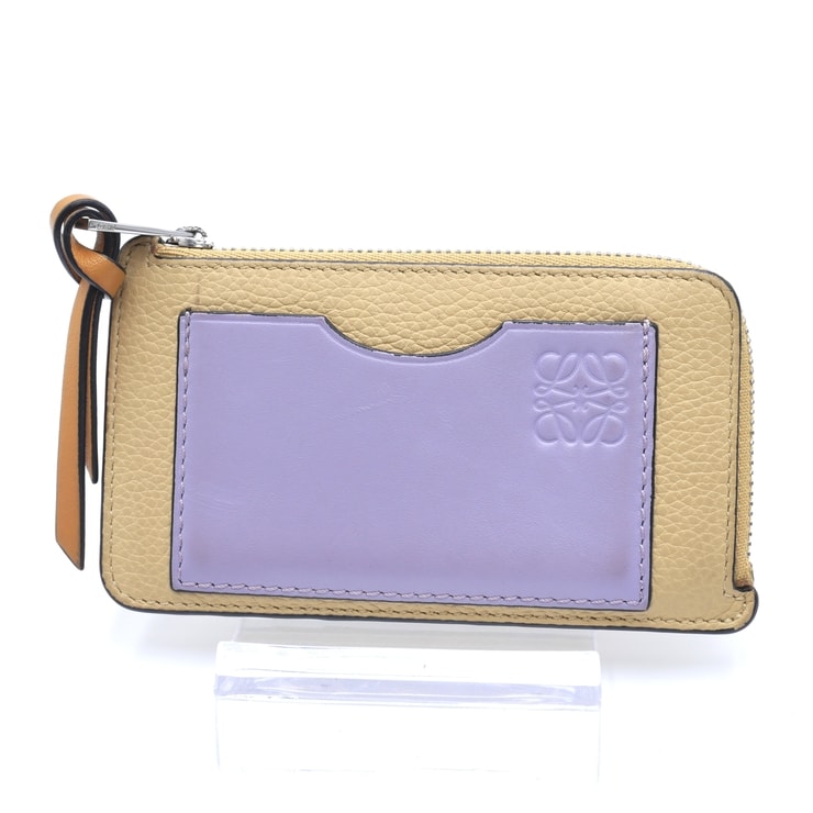 LOEWE(ロエベ)コインカードホルダー カードケース コインケース フラグメントケース バイカラー ベージュ パープル ソフトグレインカーフ シルバー金具 レディース【中古】