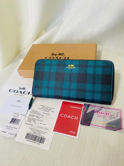COACH Plaid Zip Around Wallet "Green"