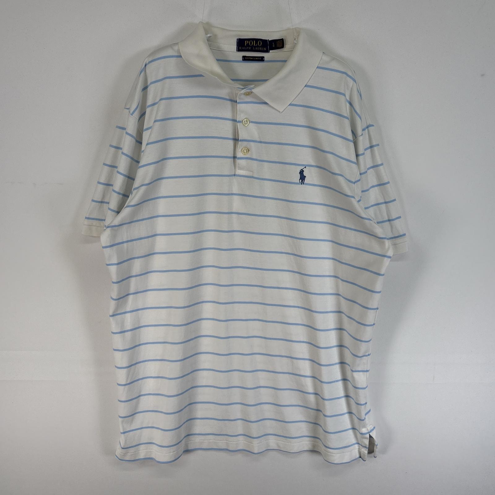 古着 ポロ・ラルフローレン POLO RALPH LAUREN 半袖 ポロシャツ ロゴ 刺繍 3ボタン L  ホワイト ボーダー メンズ
