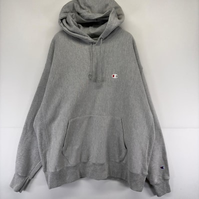 古着 チャンピオン Champion パーカー フーディー リバースウィーブ ワンポイントロゴ 刺繍 大きいサイズ スウェット 2XL グレー メンズ