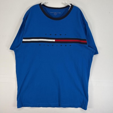 古着 トミーヒルフィガー TOMMY HILFIGER 半袖Tシャツ ロゴ デザイン 肉厚 襟切替 L ブルー メンズ