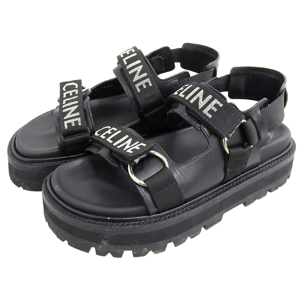 セリーヌ レザー×ファブリック サンダル BULKY シューズ レディース 黒 ブラック 38 1/2 RM1201 38 1/2