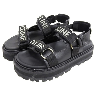 セリーヌ レザー×ファブリック サンダル BULKY シューズ レディース 黒 ブラック 38 1/2 RM1201 38 1/2