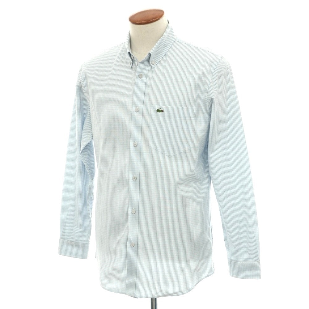 【中古】ラコステ LACOSTE コットンポリウレタン チェック ボタンダウン カジュアルシャツ ライトブルーxホワイト【サイズFR 40】【メンズ】