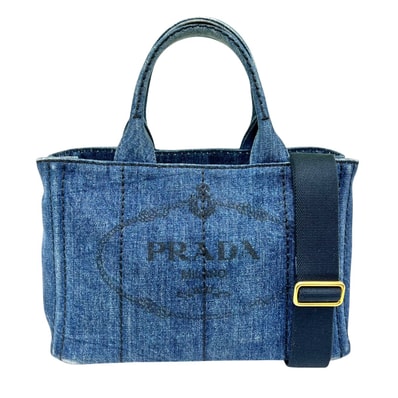 PRADA 美品 プラダ カナパ トート ミニ デニム 2way トートバッグ ショルダーバッグ 1BG439 ブルー ネイビー ロゴ CANAPA DENIM ハンドバッグ クロスボディ ユニセックス ABランク 鑑定済 中古 プラダバッグ