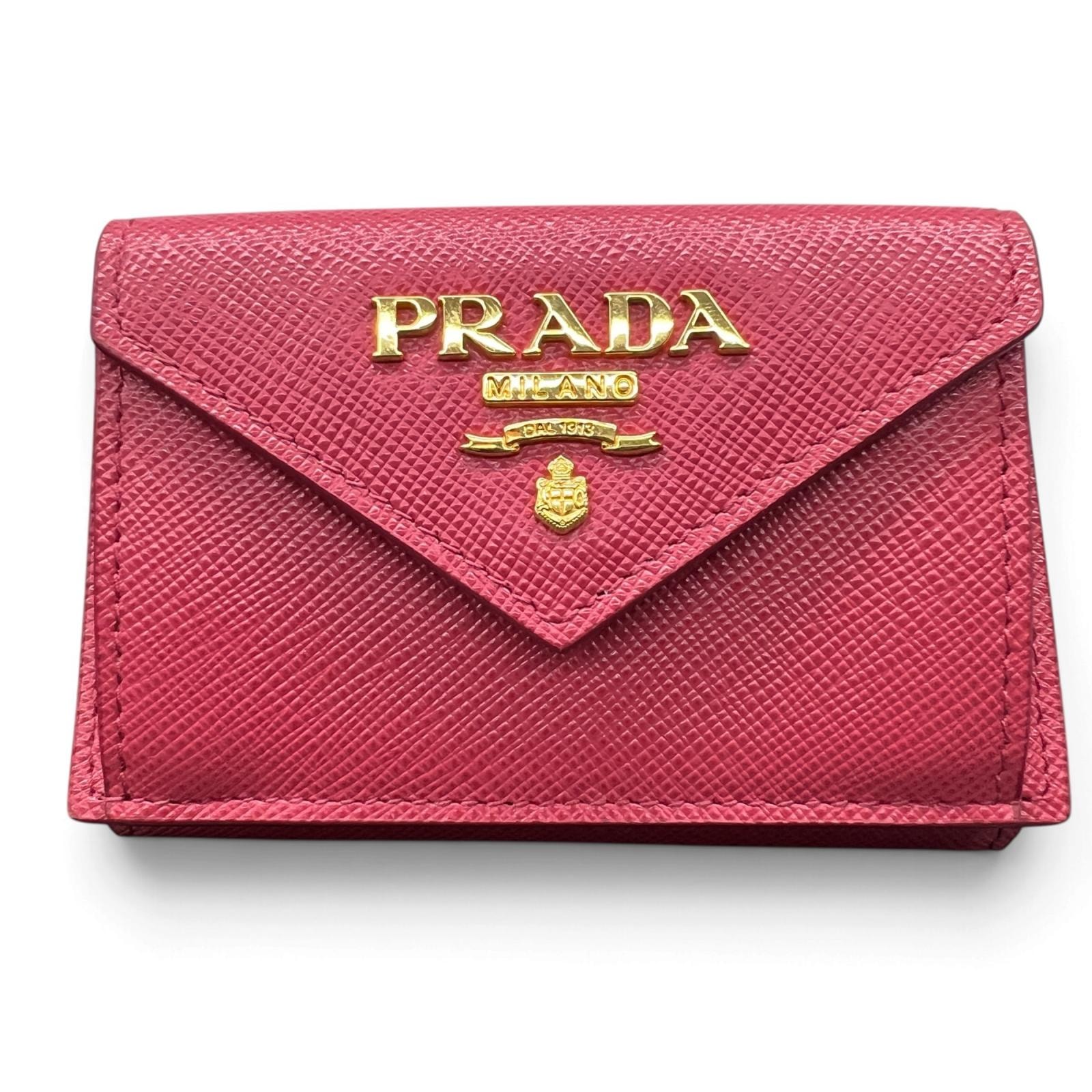 PRADA 展示品級美品 プラダ SAFFIANO METAL サフィアーノ メタル 三つ折り財布 1MH021 サフィアーノレザー ICチップ確認済 PAONIA ペオニア ピンク ロゴプレート コンパクトウォレット ミニ SAランク 鑑定済 中古