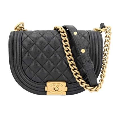 CHANEL シャネル ショルダーバッグ マトラッセ ハーフムーン ポシェット ココマーク 肩掛け 斜め掛け ボーイシャネル キャビアスキン ブラック 黒 アンティークゴールド金具 レディース 美品【中古品】